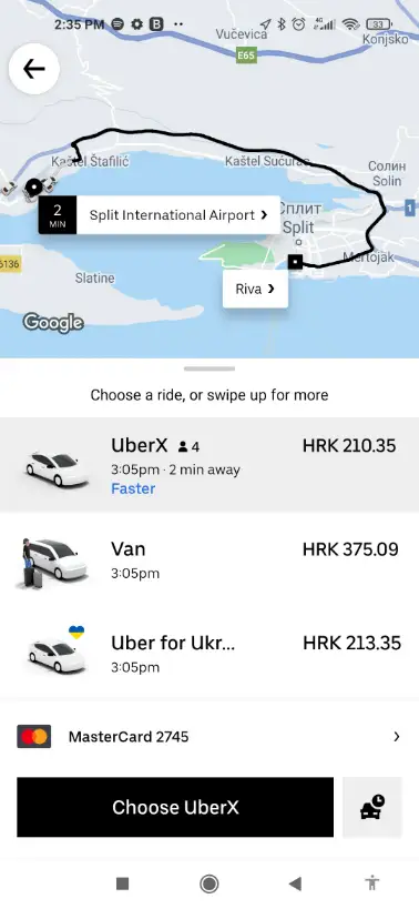 Screenshot shows Uber taxi price for destination from Split Airport to Split center.